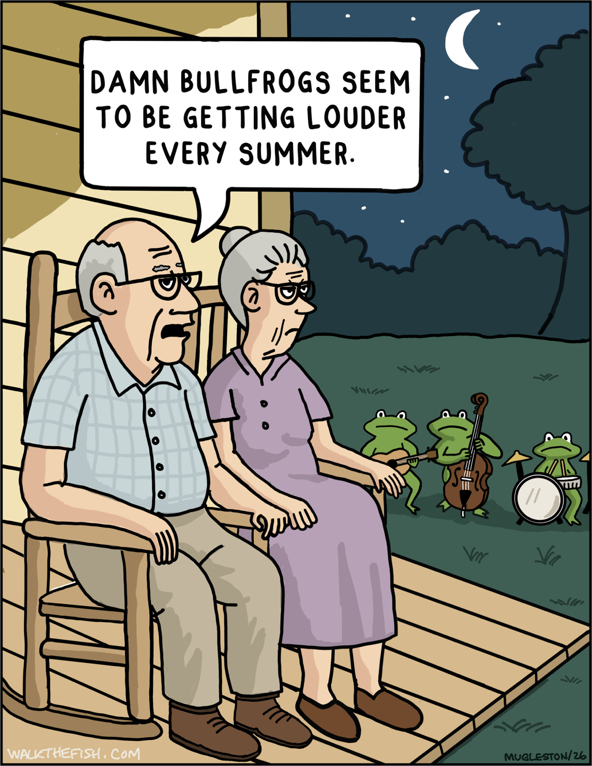 An elderly couple sits on their porch at night while a group of bullfrogs in the yard play musical instruments like a band. 