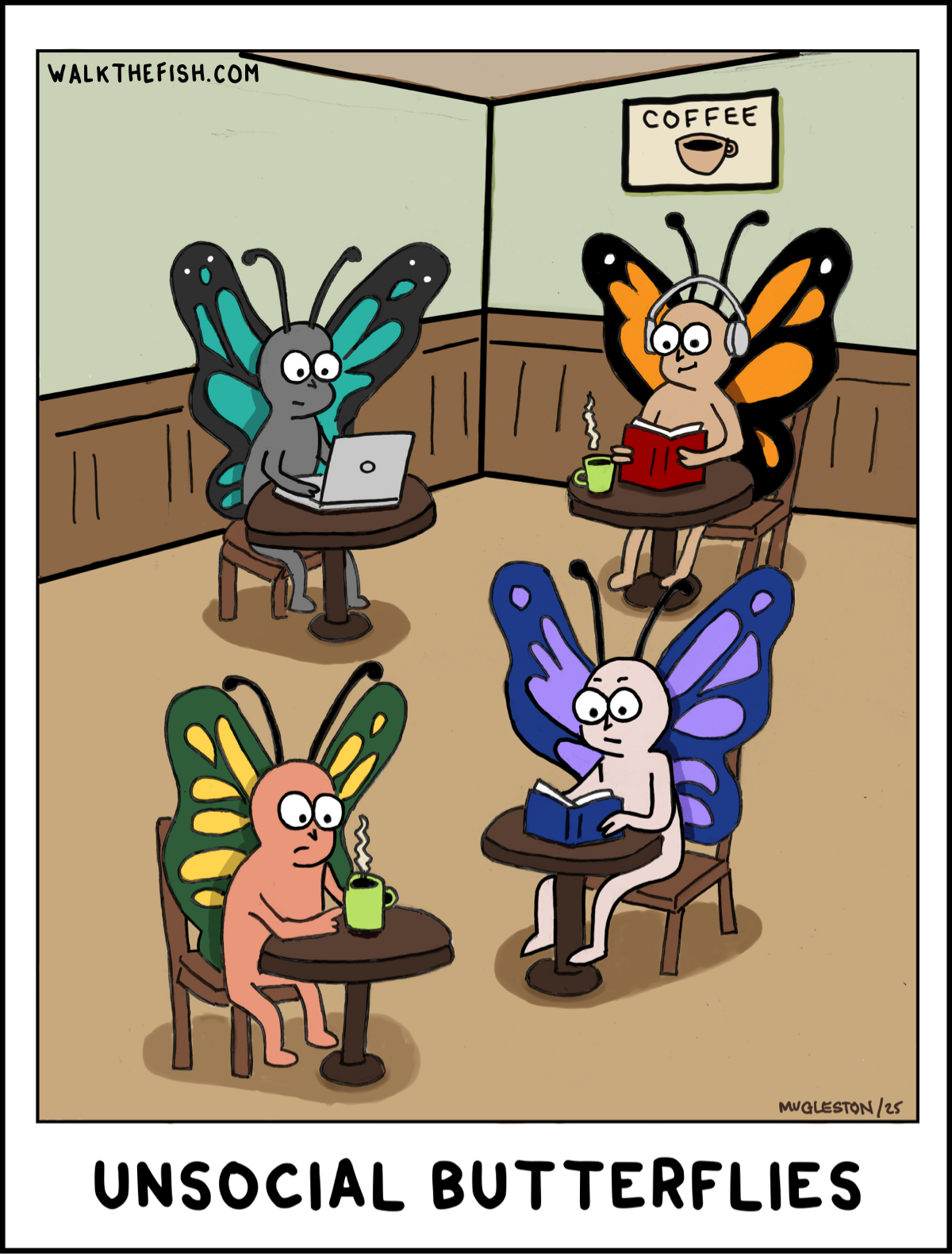 Four butterflies sit alone at separate caf&eacute; tables, each quietly occupied with a book, laptop, or coffee beneath a sign that reads &ldquo;Coffee.&rdquo;