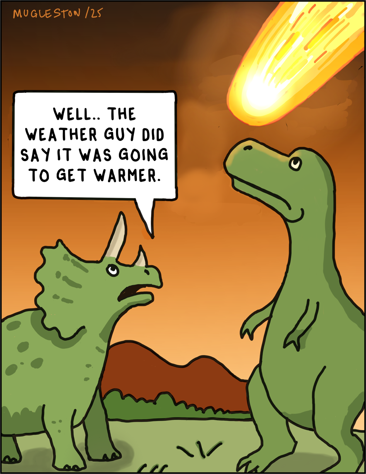 A triceratops speaks to another dinosaur while a fiery comet streaks toward them from the sky, glowing against an orange prehistoric landscape.