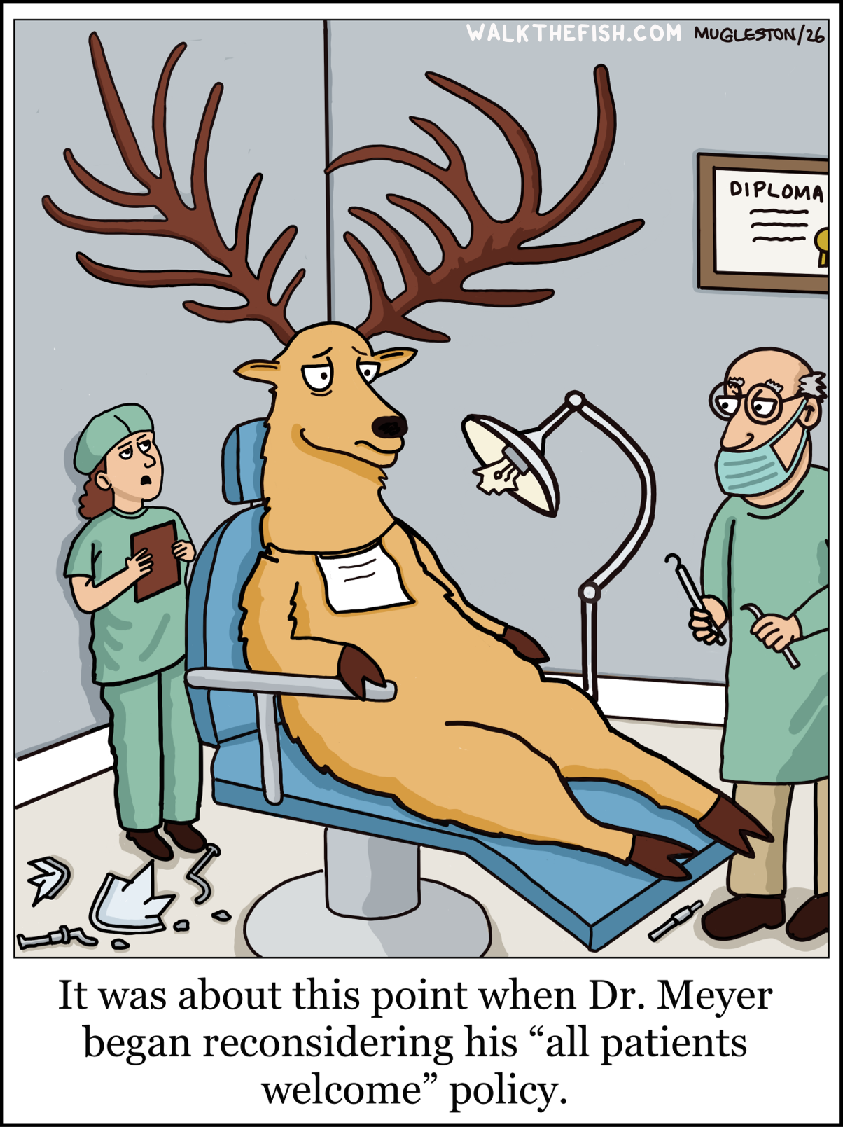 A giant elk reclines calmly in a dentist chair while its huge antlers smash a ceiling light as a dentist and assistant stare in shock.