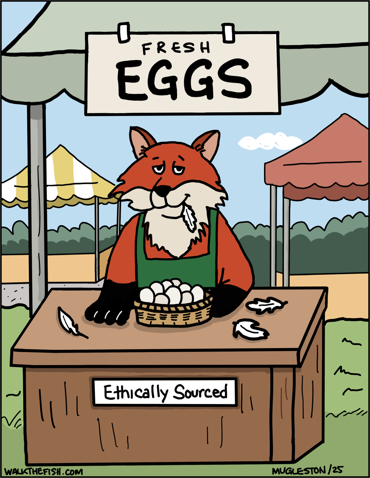 A fox wearing an apron stands behind a farmers market table selling eggs, with feathers scattered on the table and a sign that reads &ldquo;Ethically Sourced.&rdquo;