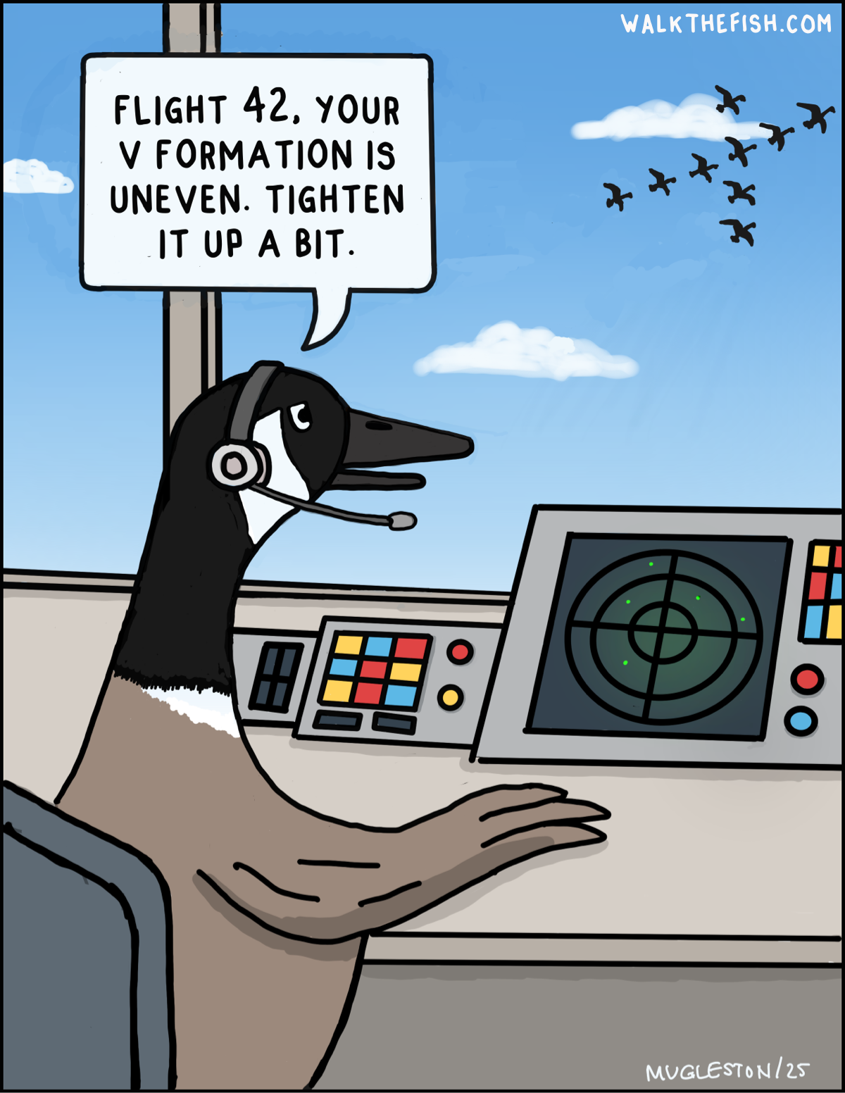 A cartoon of a Canada goose wearing a headset in an air traffic control tower, monitoring a radar screen while speaking to a flock of geese flying outside in an uneven V formation.