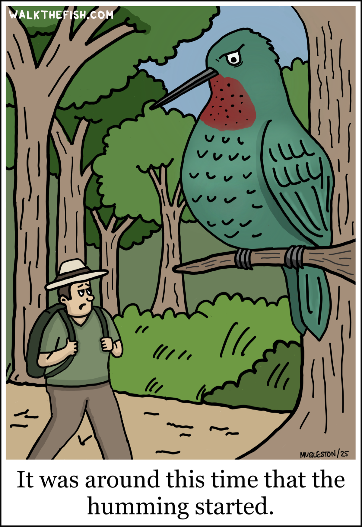 A nervous hiker in a forest looks up at an enormous hummingbird perched on a branch above him as a low humming begins.