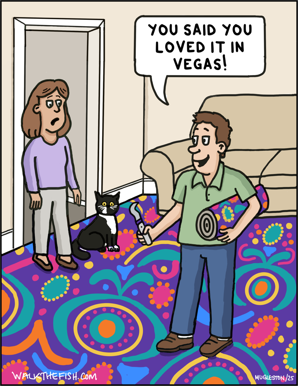 A man shows new carpet in a living room as a woman stands nearby.