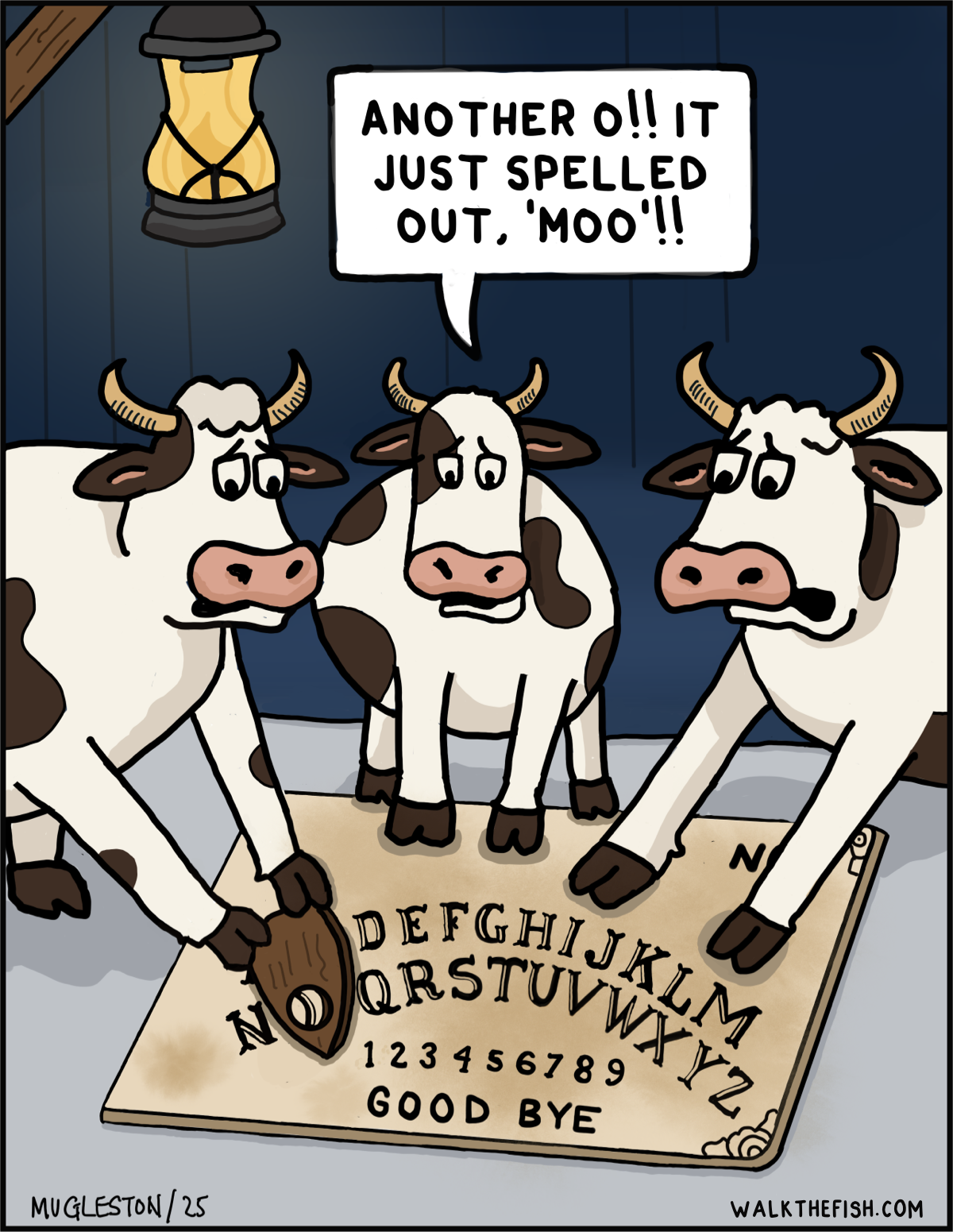 Three cows gather around a Ouija board in a barn at night as the planchette spells out &ldquo;MOO.&rdquo;