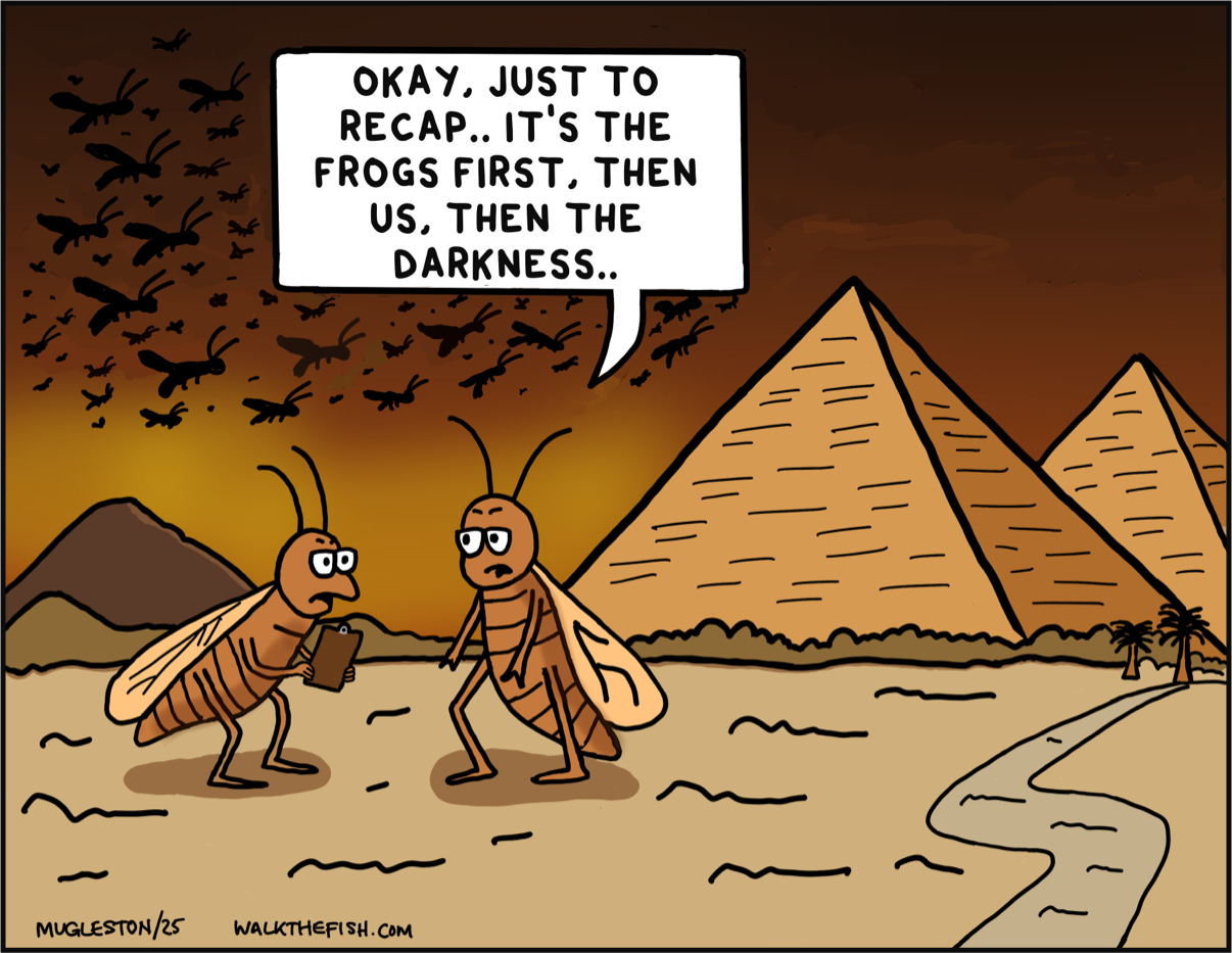 Two locusts discuss events as a swarm darkens the sky near the Egyptian pyramids.