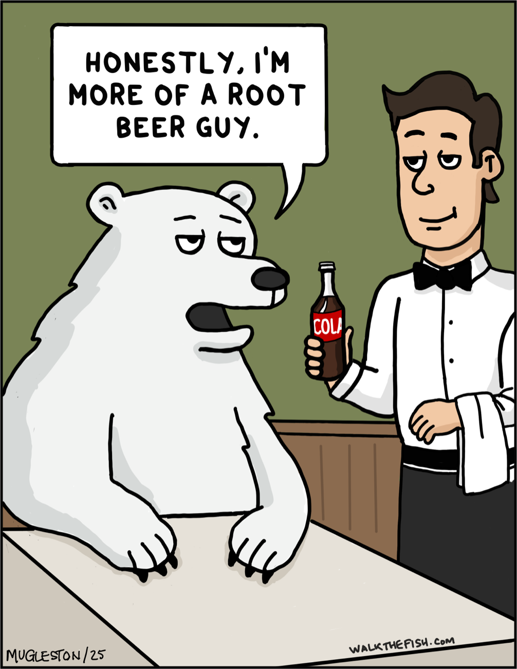 A polar bear sits at a table telling a waiter, &ldquo;Honestly, I&rsquo;m more of a root beer guy,&rdquo; as the waiter holds a bottle of cola.