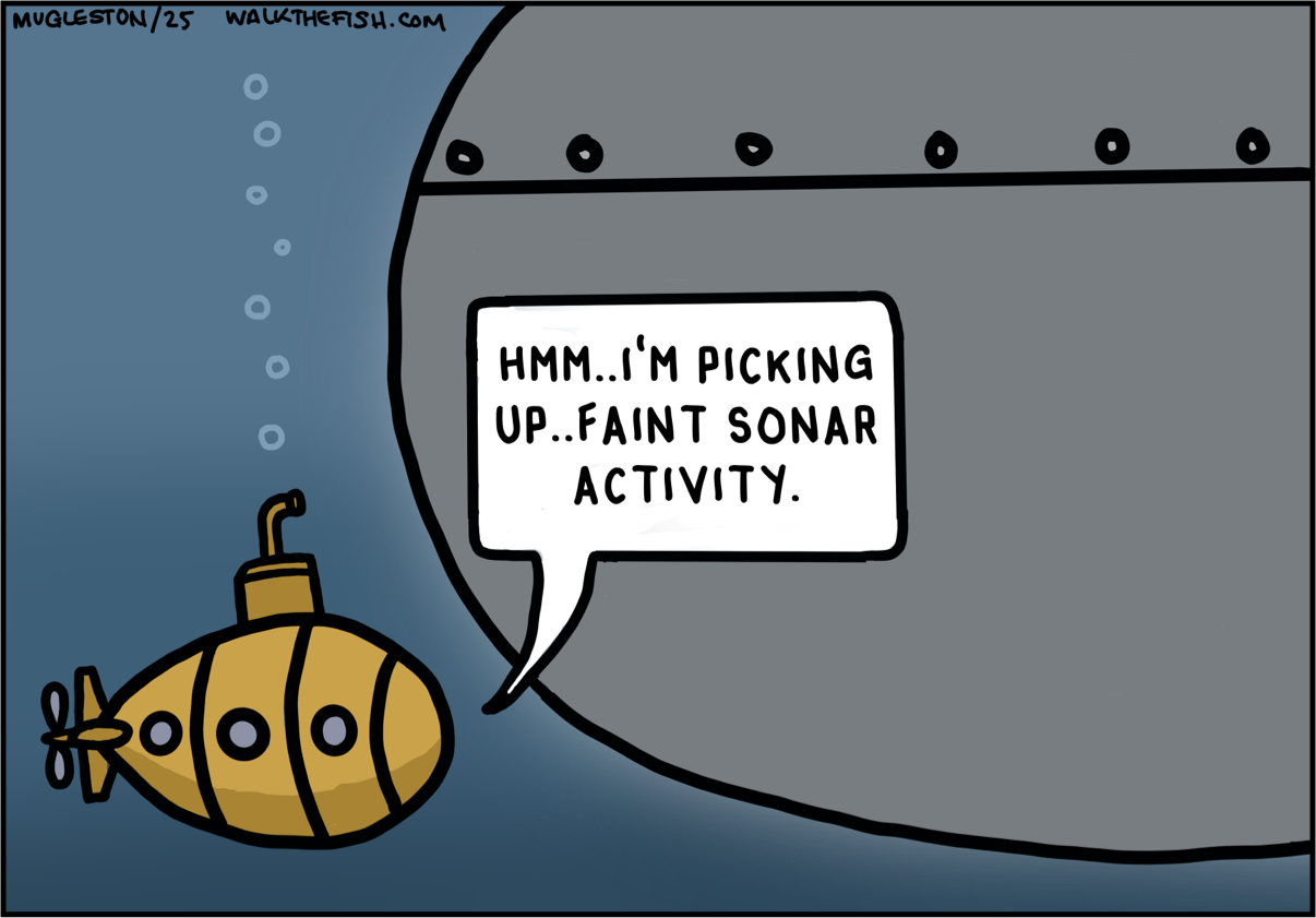 A small yellow submarine detects faint sonar activity while approaching the massive gray hull of a larger ship underwater.