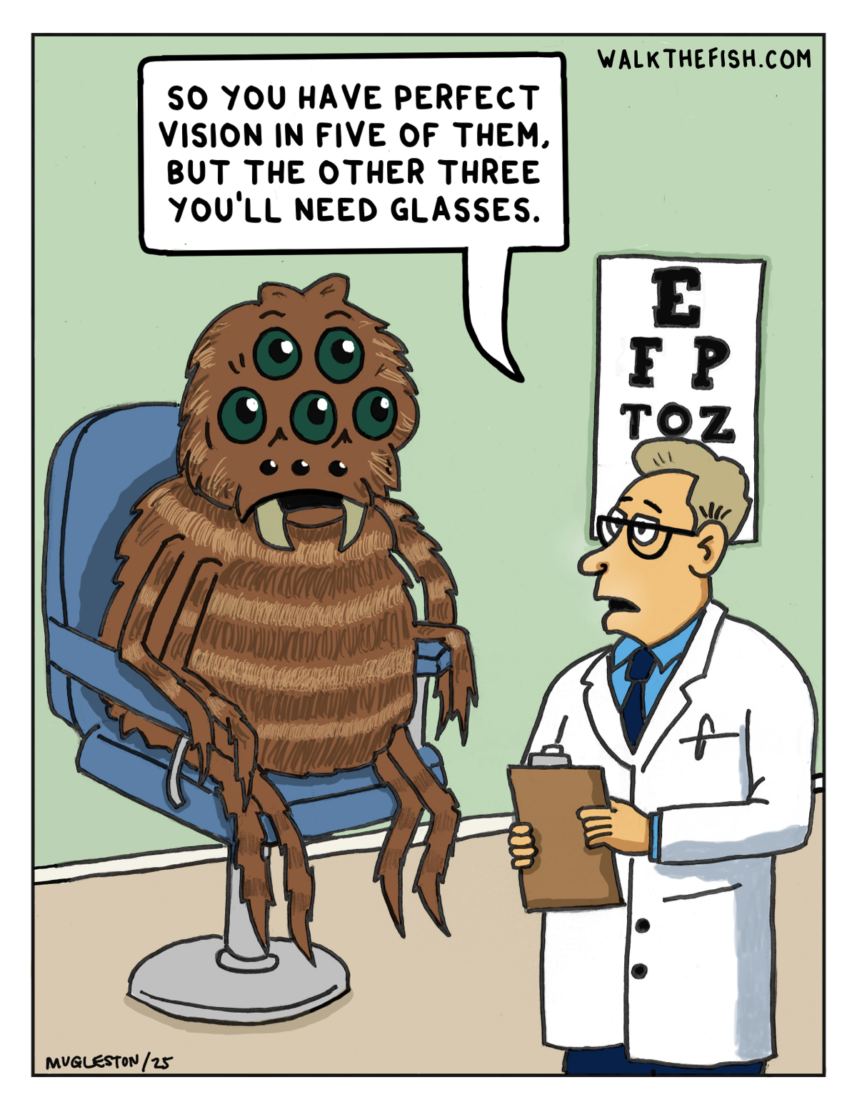 A spider sitting in an optometrist&rsquo;s exam chair while a doctor says, &ldquo;So you have perfect vision in five of them, but the other three you&rsquo;ll need glasses.&rdquo; An eye chart hangs on the wall behind them.