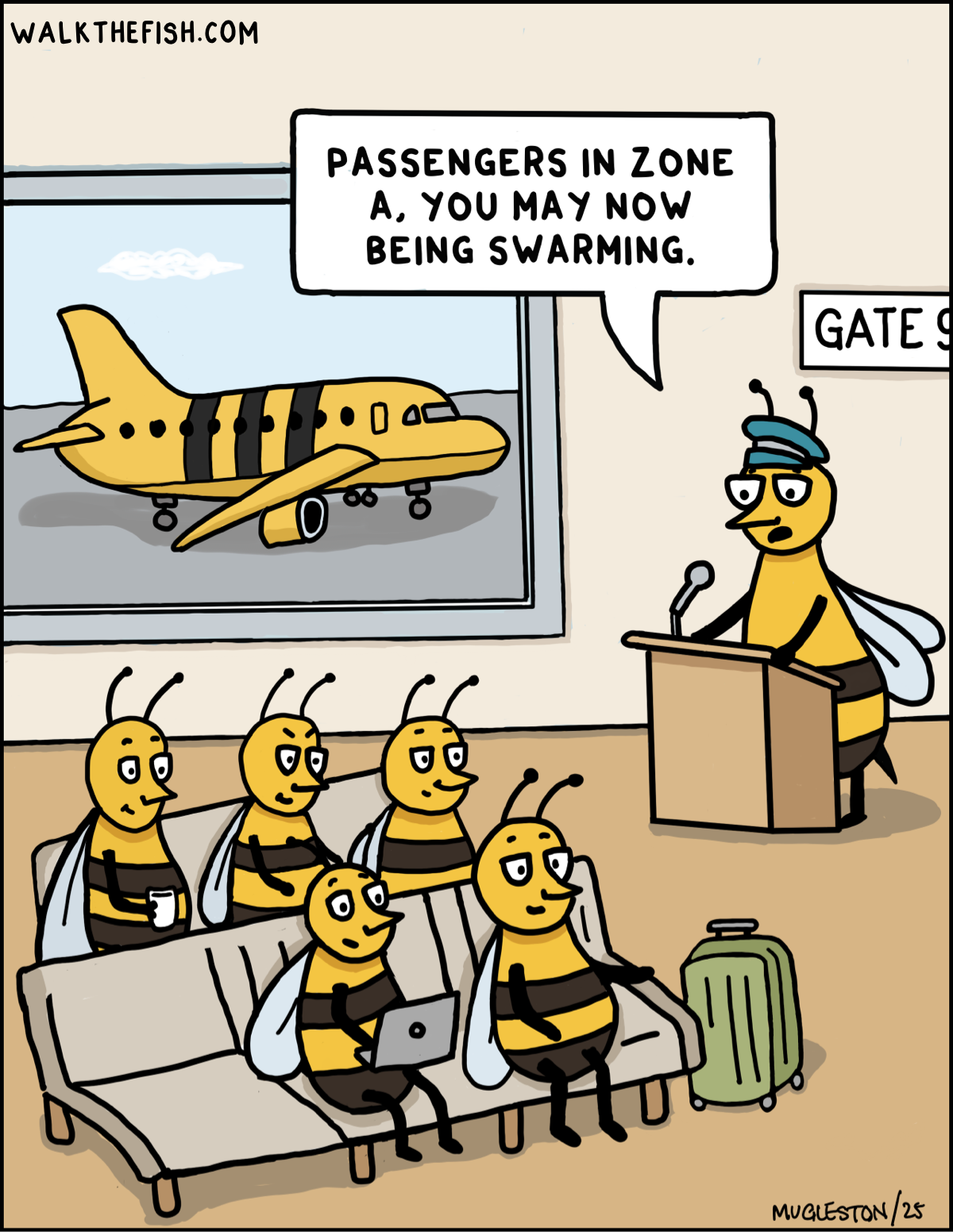 An airport gate where a bee gate agent announces &ldquo;Passengers in Zone A, you may now begin swarming,&rdquo; while a group of seated bees wait beside luggage and a bee-striped airplane outside the window.