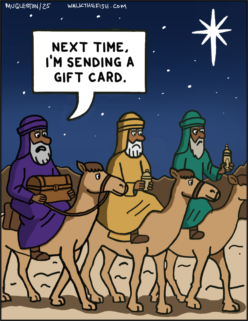 Three wise men ride camels through the desert at night under a bright star.