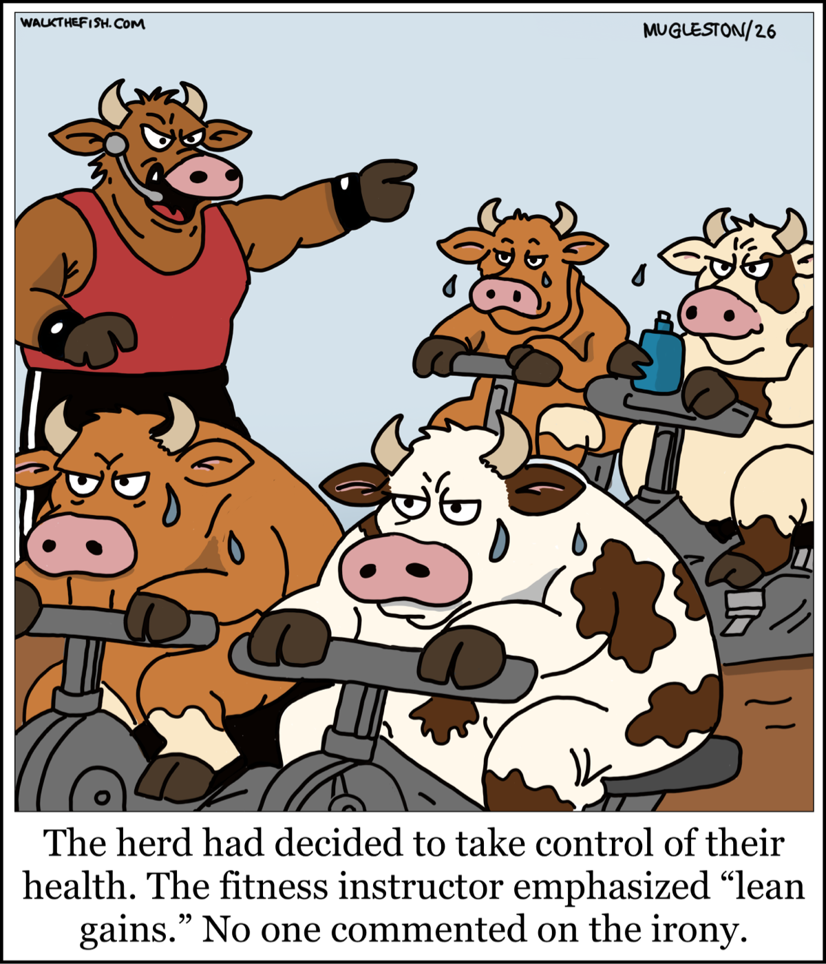 A herd of cows takes a spin class where the instructor emphasizes &ldquo;lean gains.&rdquo; A single-panel cartoon about fitness, irony, and livestock motivation.