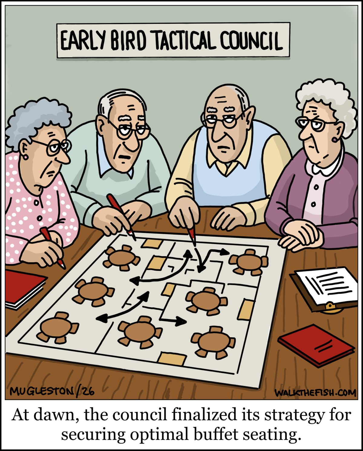 Four elderly people at a table labeled &ldquo;Early Bird Tactical Council,&rdquo; studying a tactical map of buffet tables and drawing arrows to plan seating strategies at dawn.