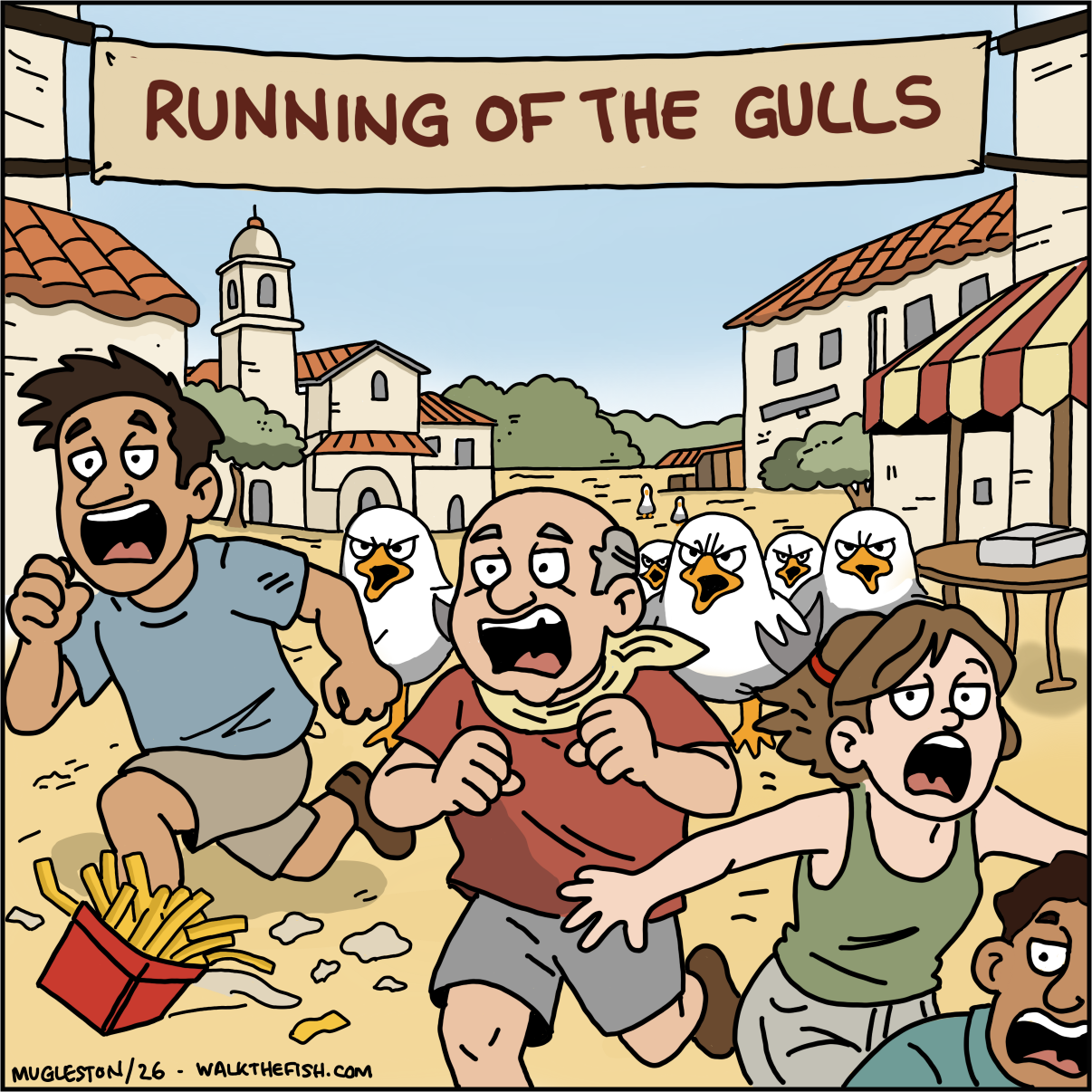 A cartoon of frightened tourists running through a seaside town while a group of angry seagulls chase them under a banner reading &ldquo;Running of the Gulls.&rdquo;
