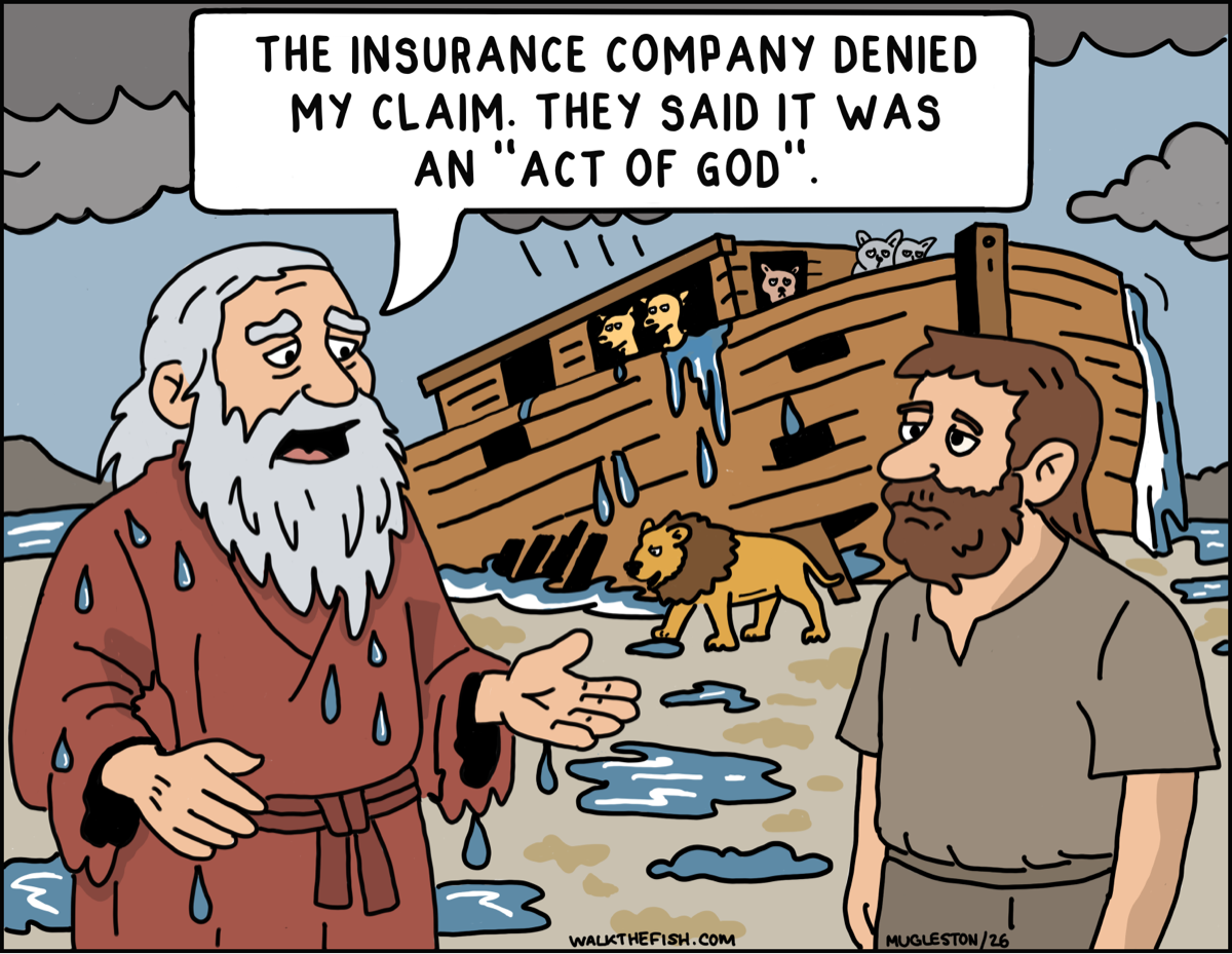 Noah stands beside his damaged ark after the flood, telling a man that the insurance company denied his claim as an &ldquo;Act of God.&rdquo; Animals look out from the ark behind them.