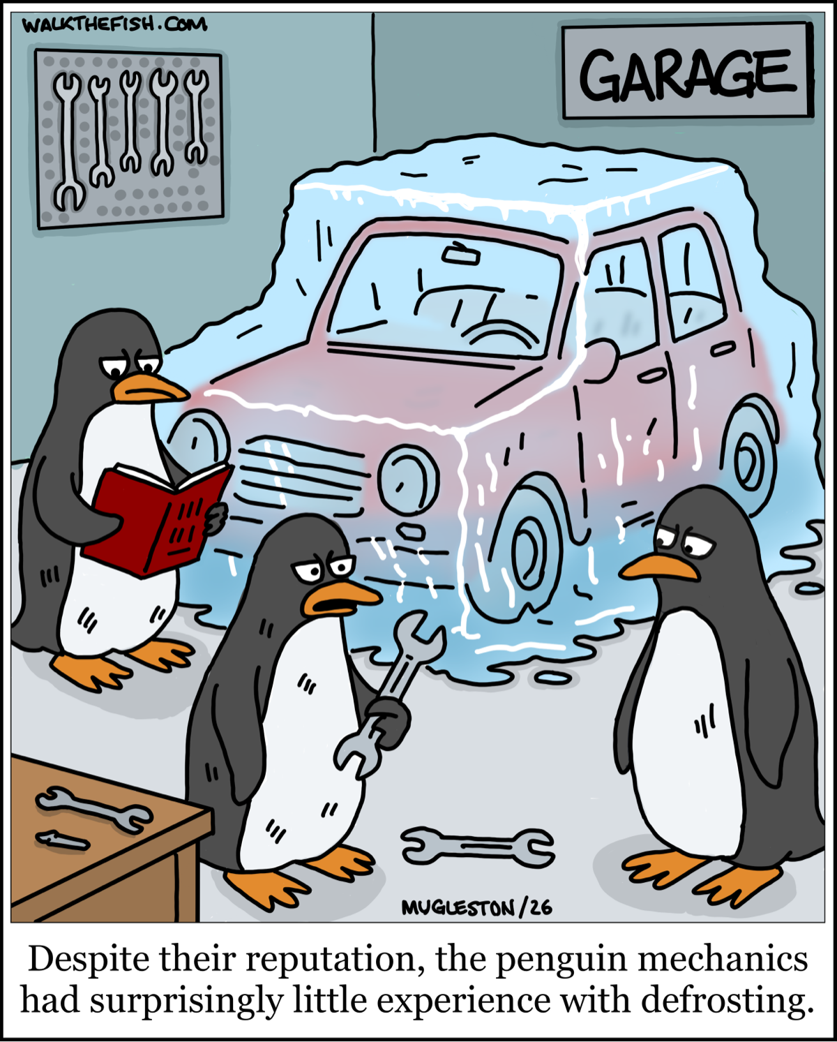 Three penguin mechanics attempt to repair a car completely encased in ice, proving that cold-weather expertise doesn&rsquo;t always translate to defrosting skills.