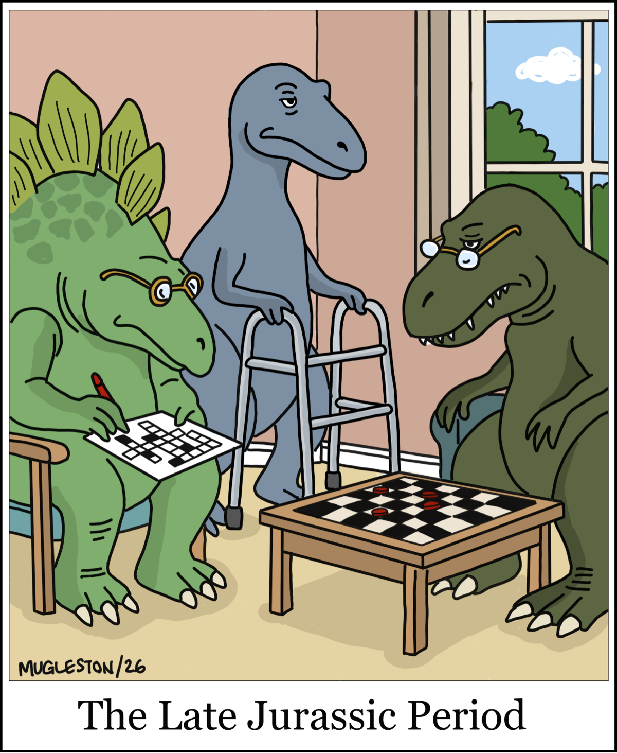 Three elderly dinosaurs sit indoors; one uses a walker while two others play checkers and work on a crossword puzzle, suggesting a retirement home scene.