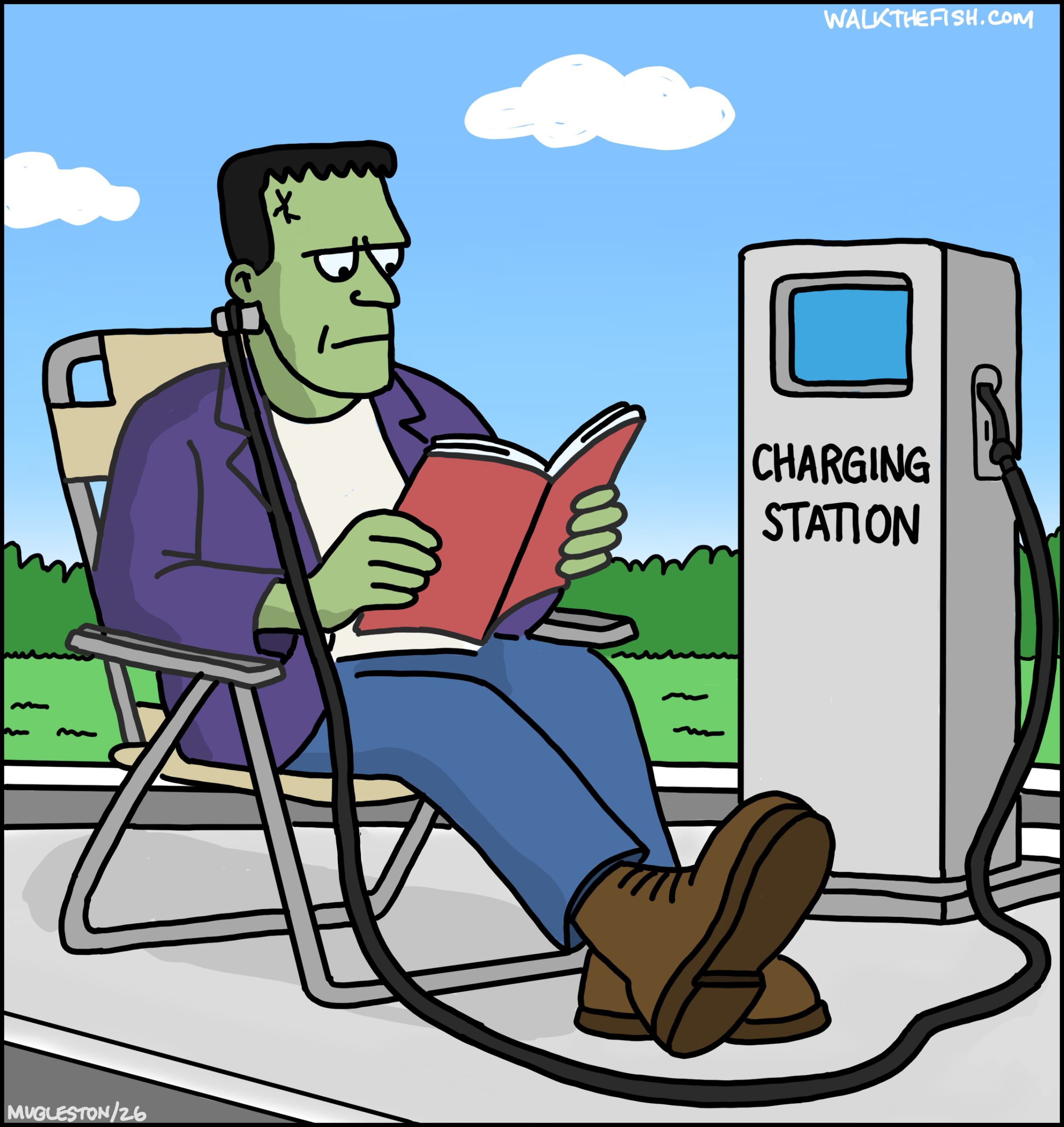 Frankenstein&rsquo;s monster sitting in a lawn chair reading a book while plugged into an electric vehicle charging station.