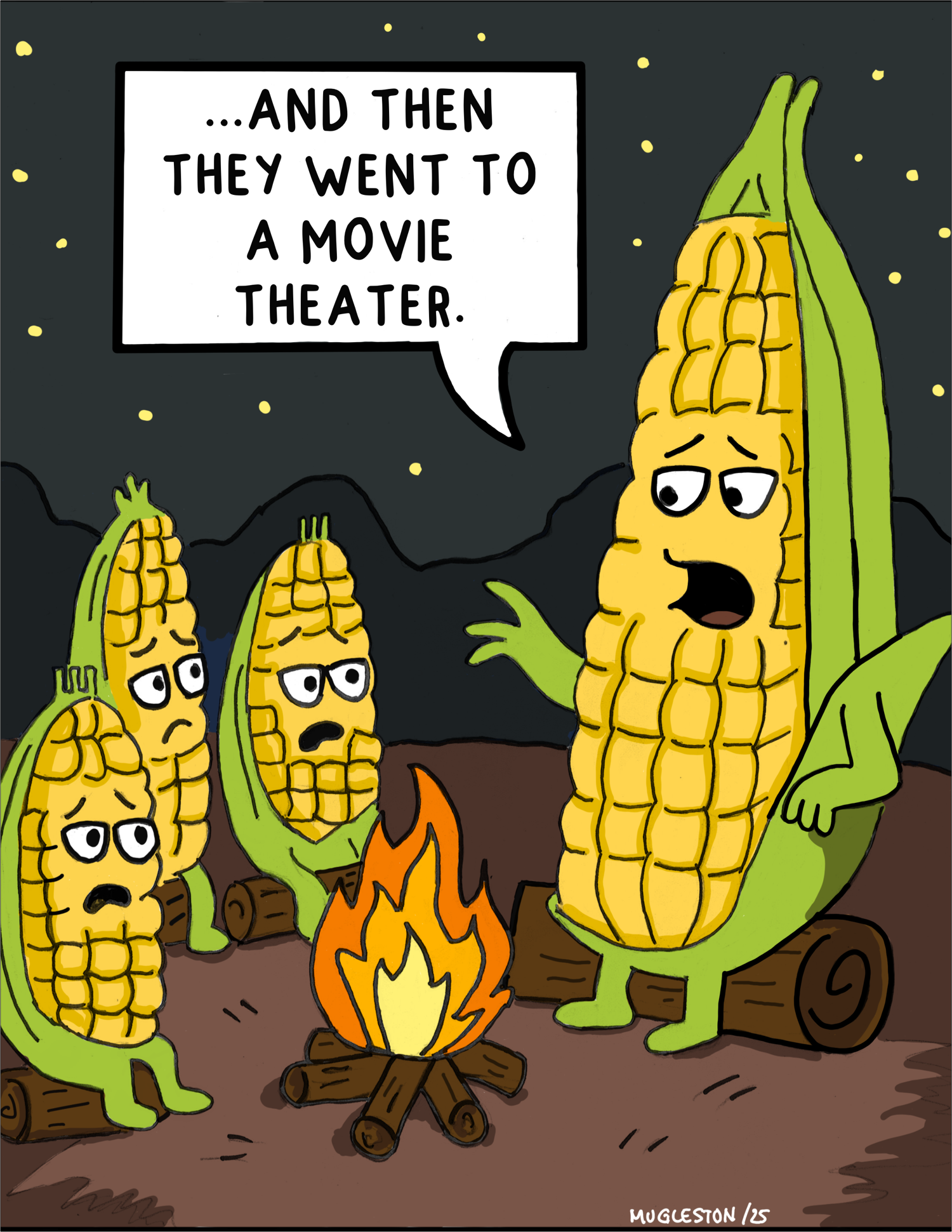 Cartoon of anthropomorphic corn cobs sitting around a campfire at night while one tells a story about going to a movie theater, causing the others to look worried.
