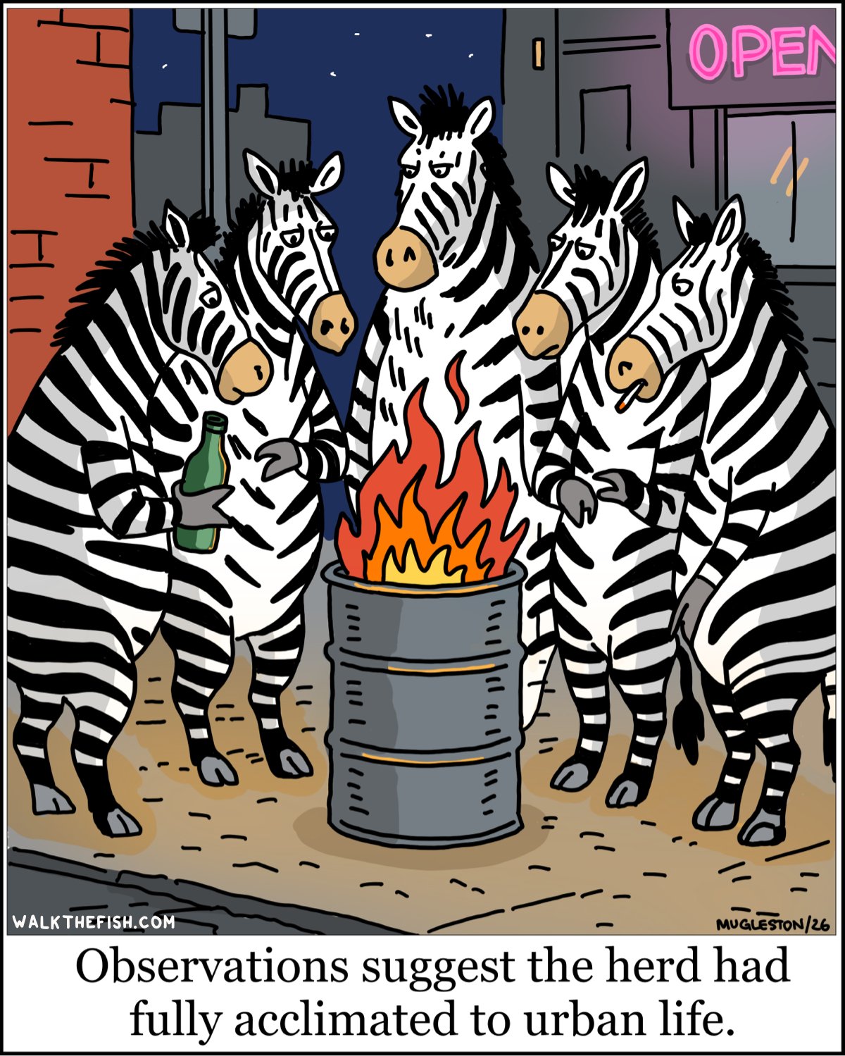 Five zebras stand in a city alley at night around a burning barrel. One holds a bottle, another has a cigarette, and a neon &ldquo;OPEN&rdquo; sign glows behind them. The scene suggests they are behaving like urban street dwellers.