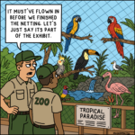 Two zoo workers quietly decide to pretend a random seagull inside the tropical bird enclosure belongs there.