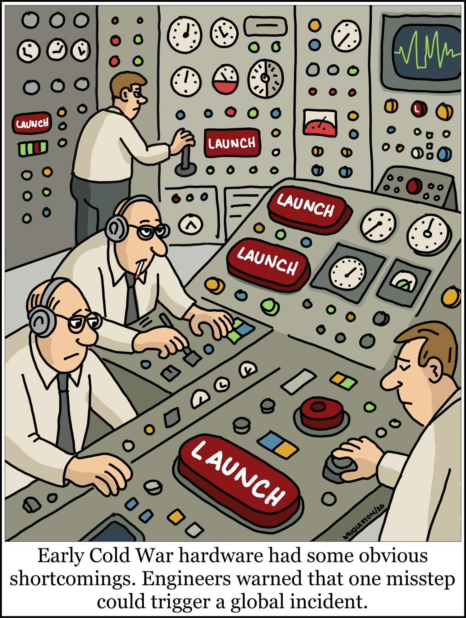 A tense Cold War-era launch control room is packed with oversized red buttons labeled "LAUNCH." Four engineers monitor a maze of dials, gauges, switches, and blinking lights as one man carefully grips a control lever.