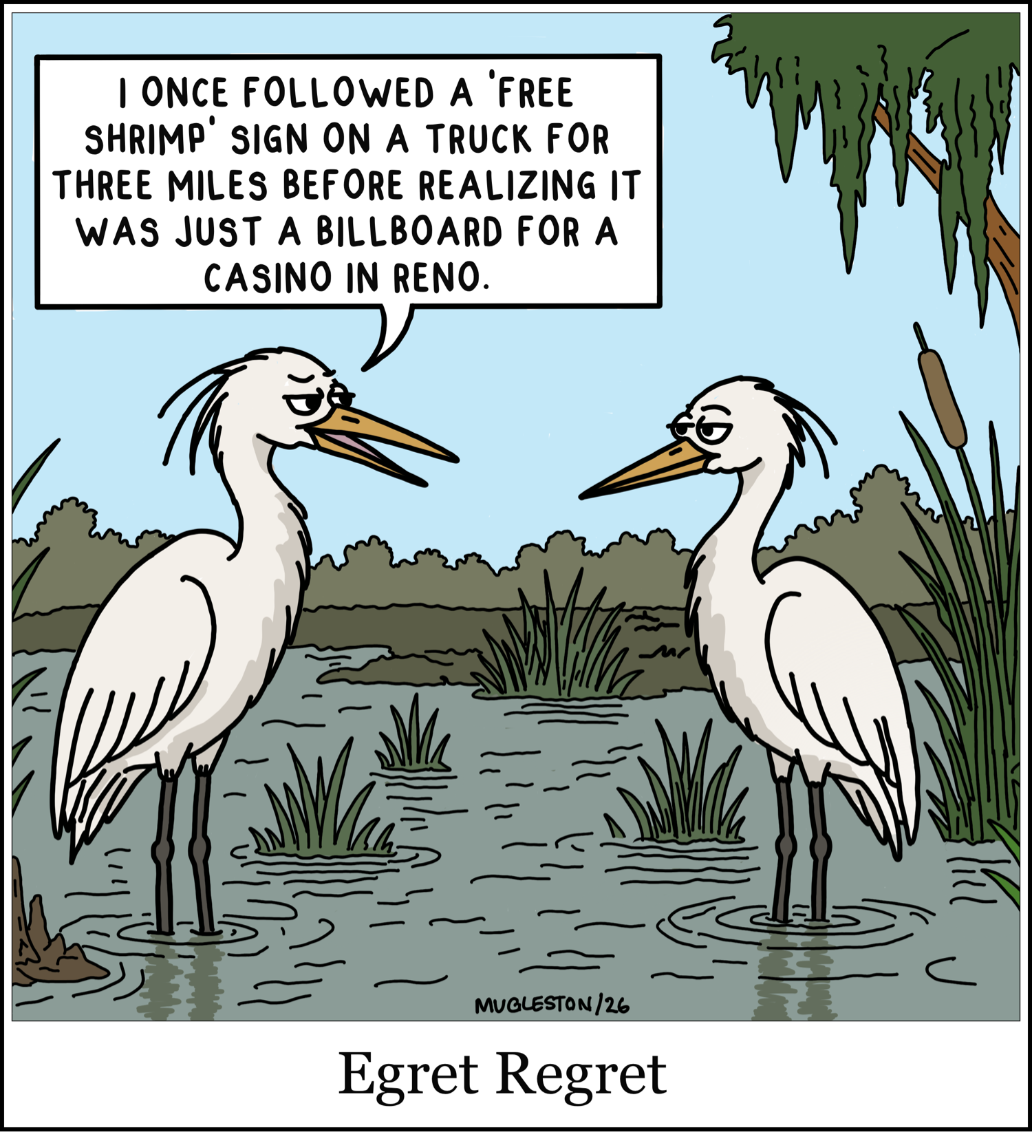 Two egrets standing in shallow swamp water surrounded by reeds and mossy trees. One egret says, &ldquo;I once followed a &lsquo;Free Shrimp&rsquo; sign on a truck for three miles before realizing it was just a billboard for a casino in Reno.&rdquo; The cartoon title at the bottom reads &ldquo;Egret Regret.&rdquo;