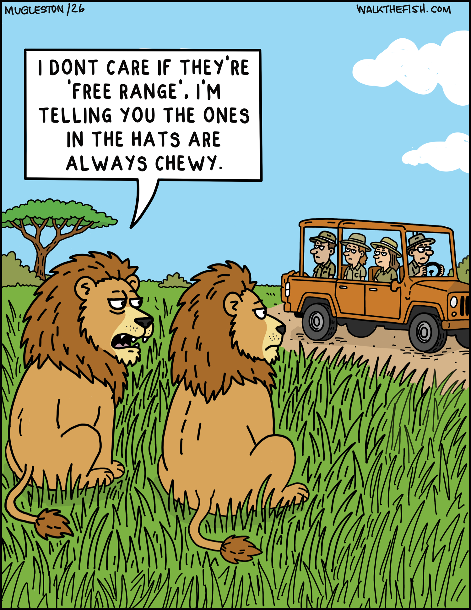 Two lions sitting in tall grass watch a safari jeep full of tourists wearing hats. One lion says that the ones in hats are always chewy.