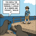Two judgmental sea lions watch a tourist stroll by in socks and sandals, questioning the confidence required to approve that outfit in the mirror.