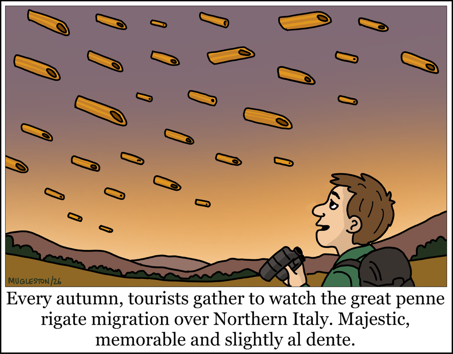 A tourist with binoculars watches hundreds of pieces of penne pasta flying across the evening sky over the Italian countryside.