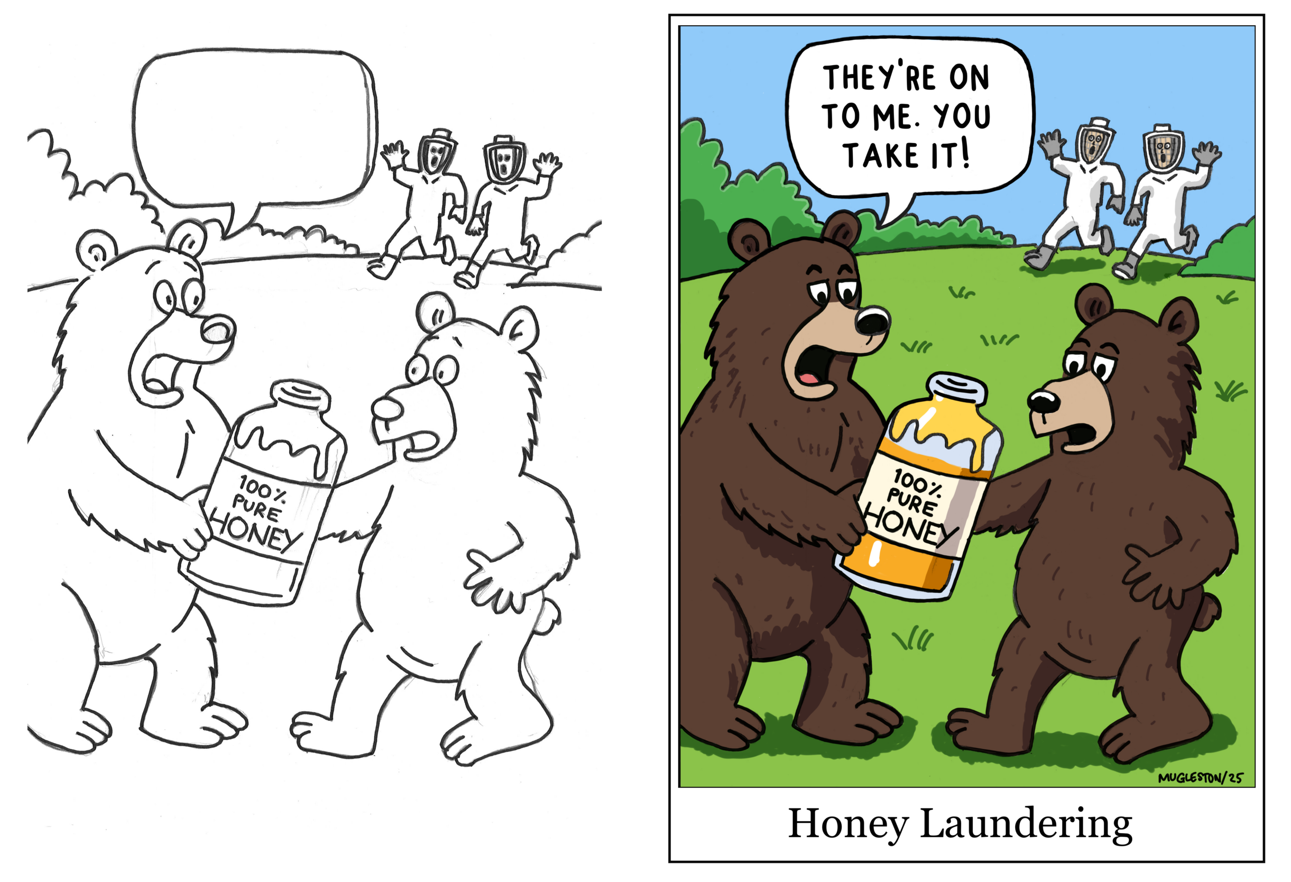 Original hand-drawn sketch and finished Honey Laundering cartoon