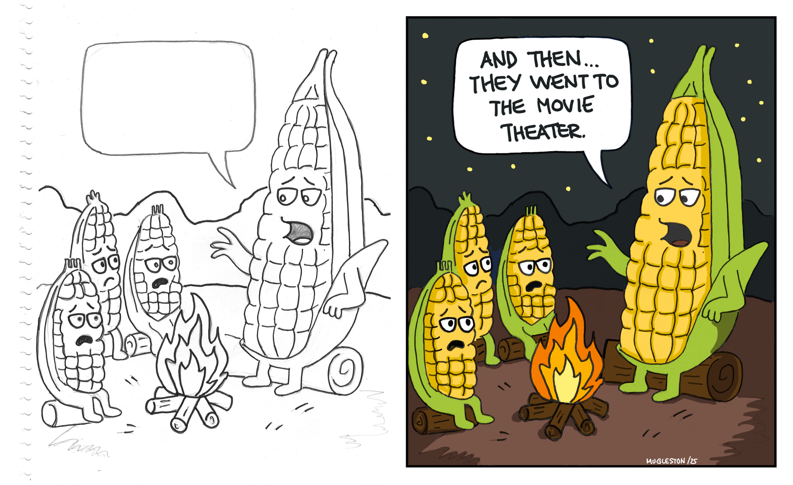 Original hand-drawn sketch and finished corn cartoon