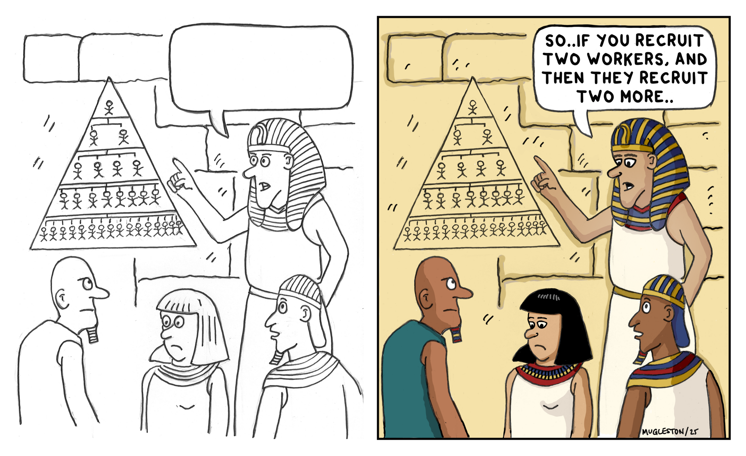 Original hand-drawn sketch and finished pyramid cartoon