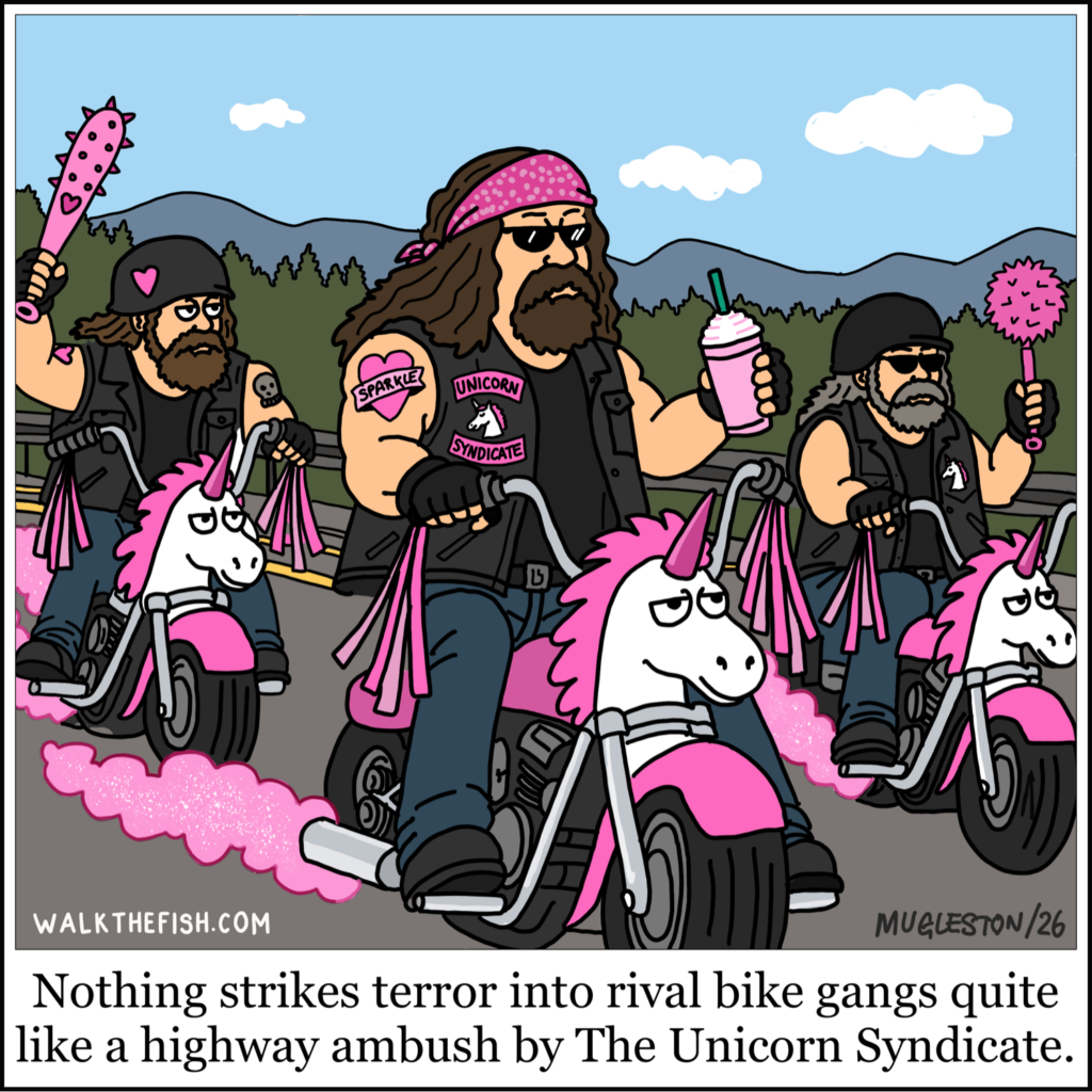 A biker gang called the Unicorn Syndicate rides pink unicorn motorcycles down a highway, carrying pink weapons and accessories while one biker drinks a pink beverage.